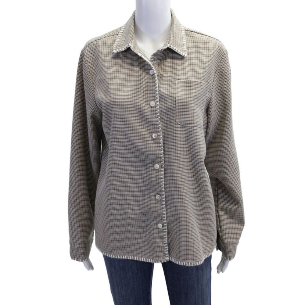 Muze Women Beige Checked Collared Button-Up Cotton Blend Long Sleeve Top Size L